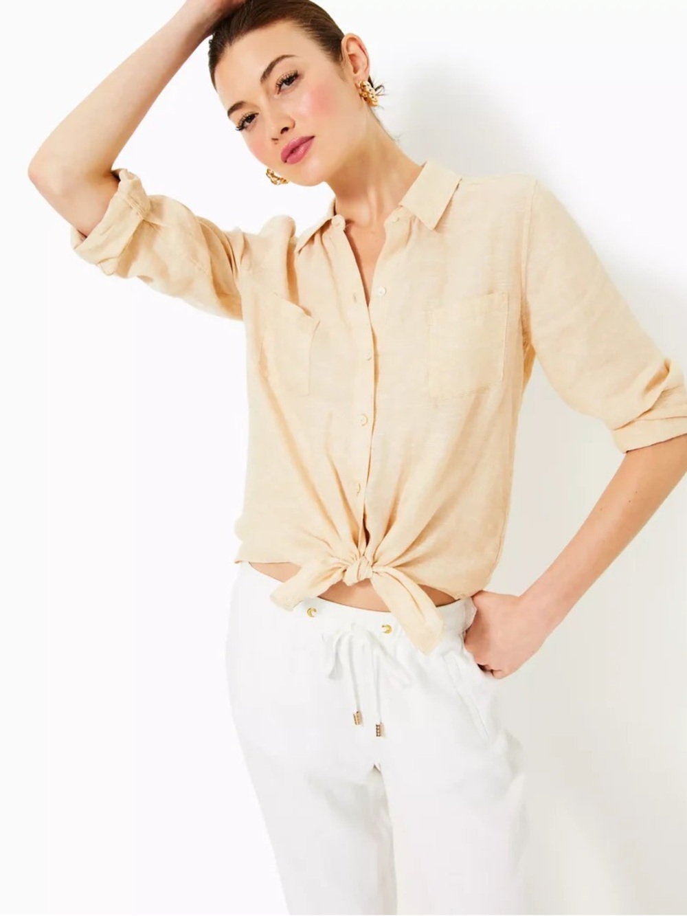 Lilly Pulitzer Sea View Linen Button Down Shirt Sand Bar x Resort White Medium